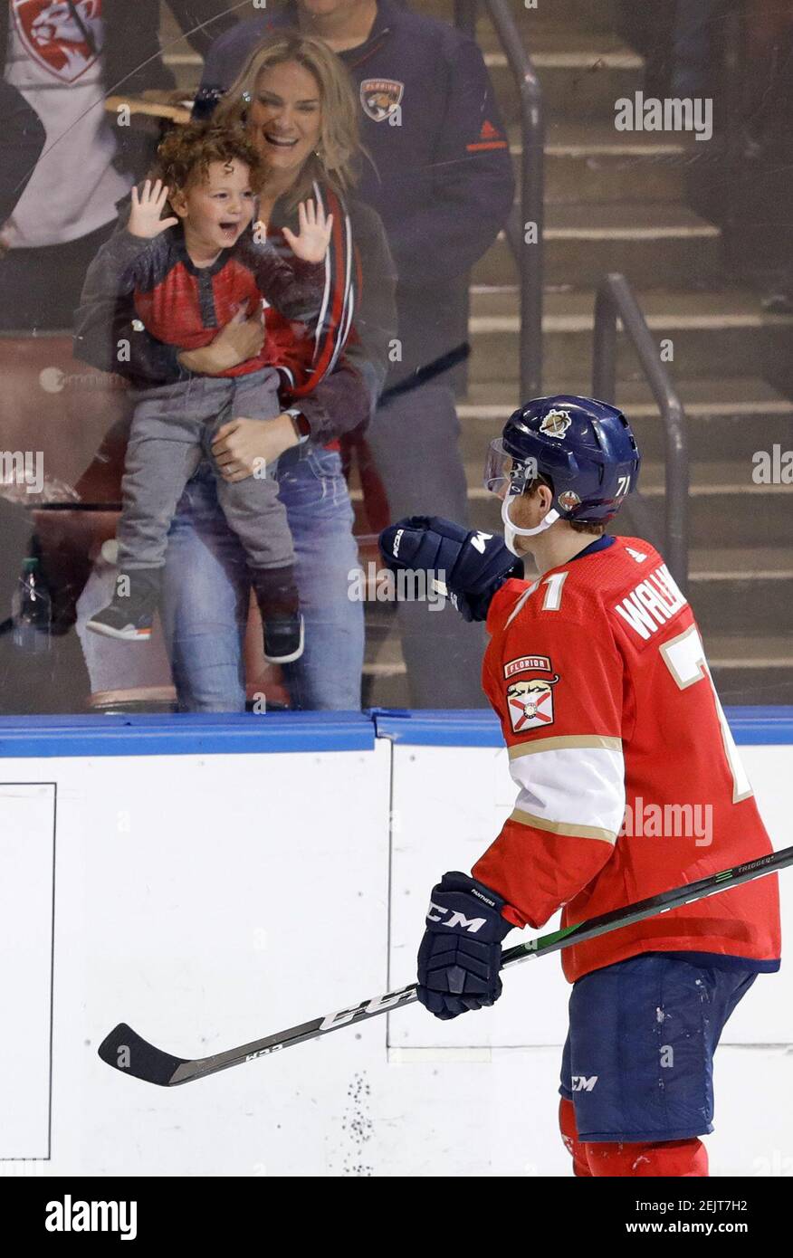 The Florida Panthers' Lucas Wallmark (71) celebrates with fans after scoring against the Montreal Canadiens in the second period at the BB&T Center in Sunrise, Fla., on Saturday, March 7, 2020. The Panthers won, 4-1. (Al Diaz/Miami Herald/TNS) Stock Photo