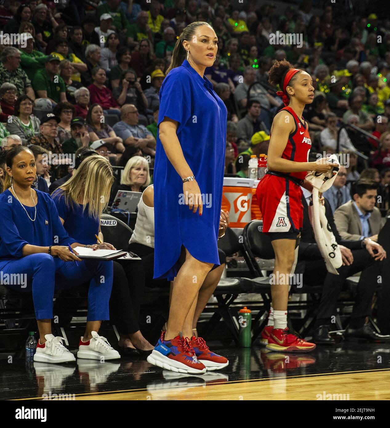 Mar 07 2020 Las Vegas, NV, . Arizona Wildcats head coach Adia Barnes  court side during the NCAA Pac 12 Women's Basketball Tournament Semifinals  between Arizona Wildcats and the Oregon Ducks 70-88