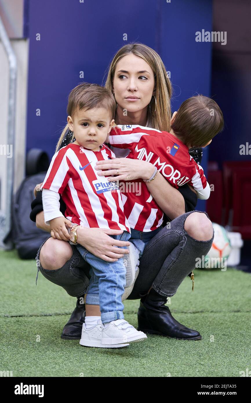 Alice Campello, wife of Alvaro Morata, player of Atletico Madrid with her  kids during the La Liga match between Atletico de Madrid and Sevilla FC at  Wanda Metropolitano Stadium. Final score; Atletico