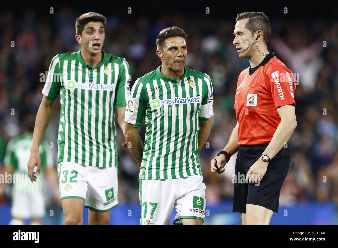 Joaquin Sánchez and Edgar Gonzalez of Real Betis protesting to the referee  during the La Liga match between Real Betis and Real Madrid at Benito  Villamarin Stadium on March 8, 2020 in