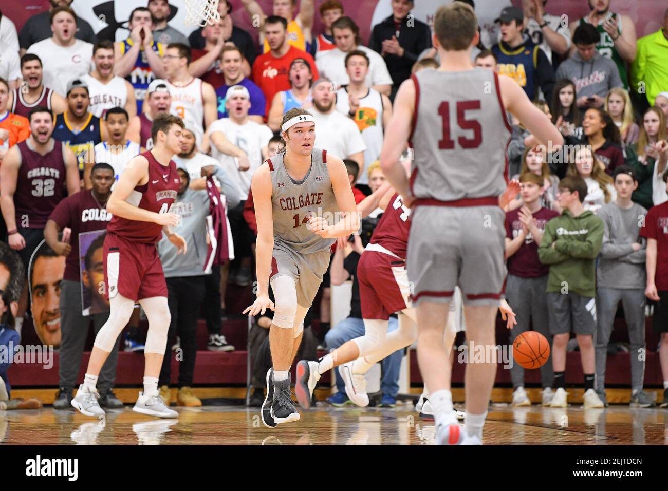 March 8, 2020: Colgate Raiders forward Keegan Records (14) reacts to a play  against the Lafayette Leopards during the first half of an NCAA college  basketball game in the semifinal round of