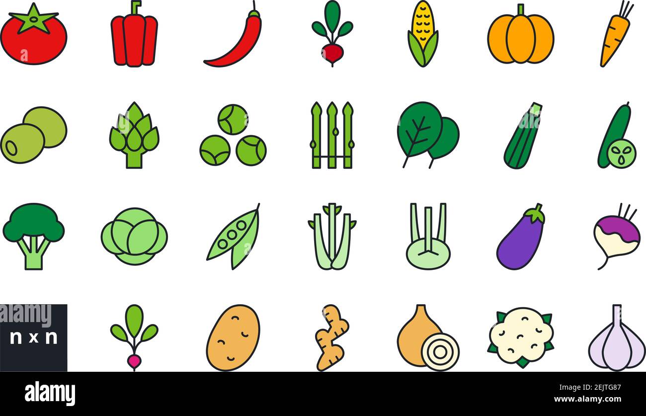 Set of vector linear color icons. Vegetables. Contour, shape, outline ...
