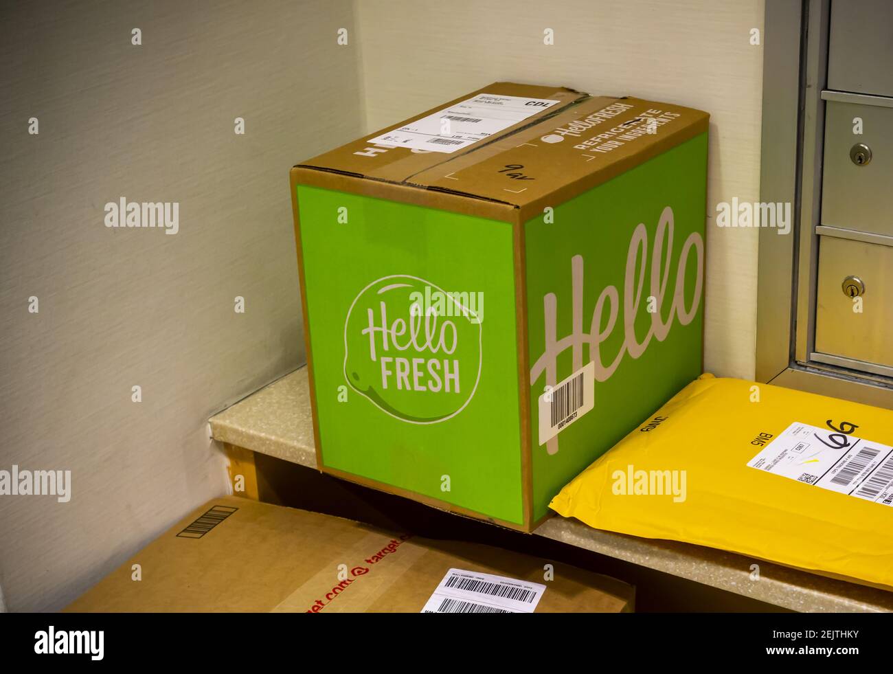 A delivery from the Hello Fresh meal subscription service waits to be picked up in the lobby of an apartment building in New York on Saturday, March 7, 2020. (ÂPhoto by Richard B. Levine) Stock Photo