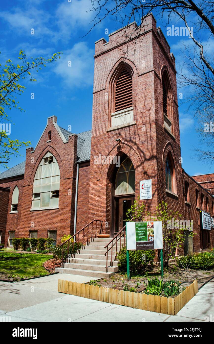 The historic Berry United Methodist Church, an urban worship center in the Lincoln Square area of Chicago, Illinois. Stock Photo