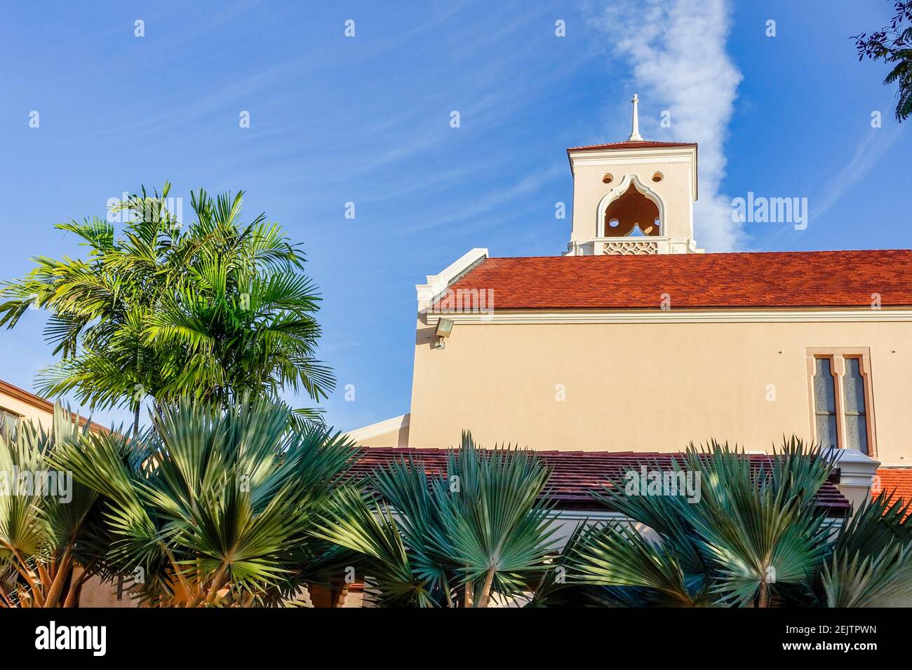 The Spanish style architecture of the First United Methodist Church of Coral Gables in Florida. Stock Photo