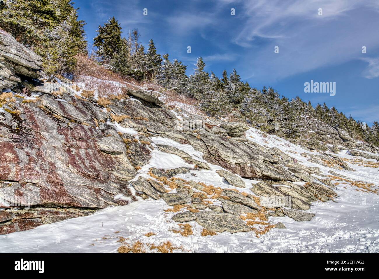 A snow covered rocky section of the summit of Grandfather Mountain