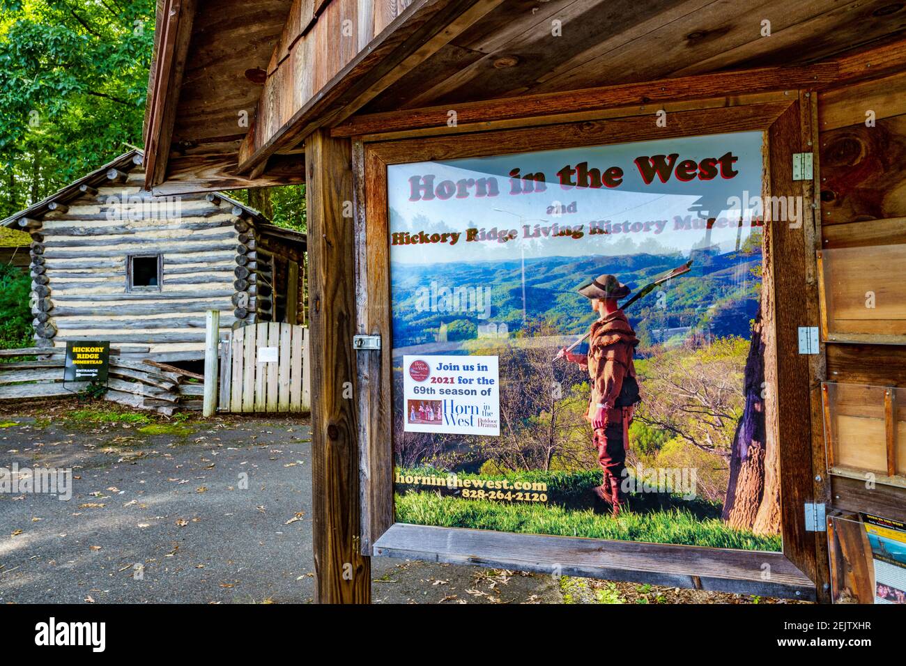 Sign for the outdoor drama, Horn in the West, by the Hickory Ridge Living History Museum Boone