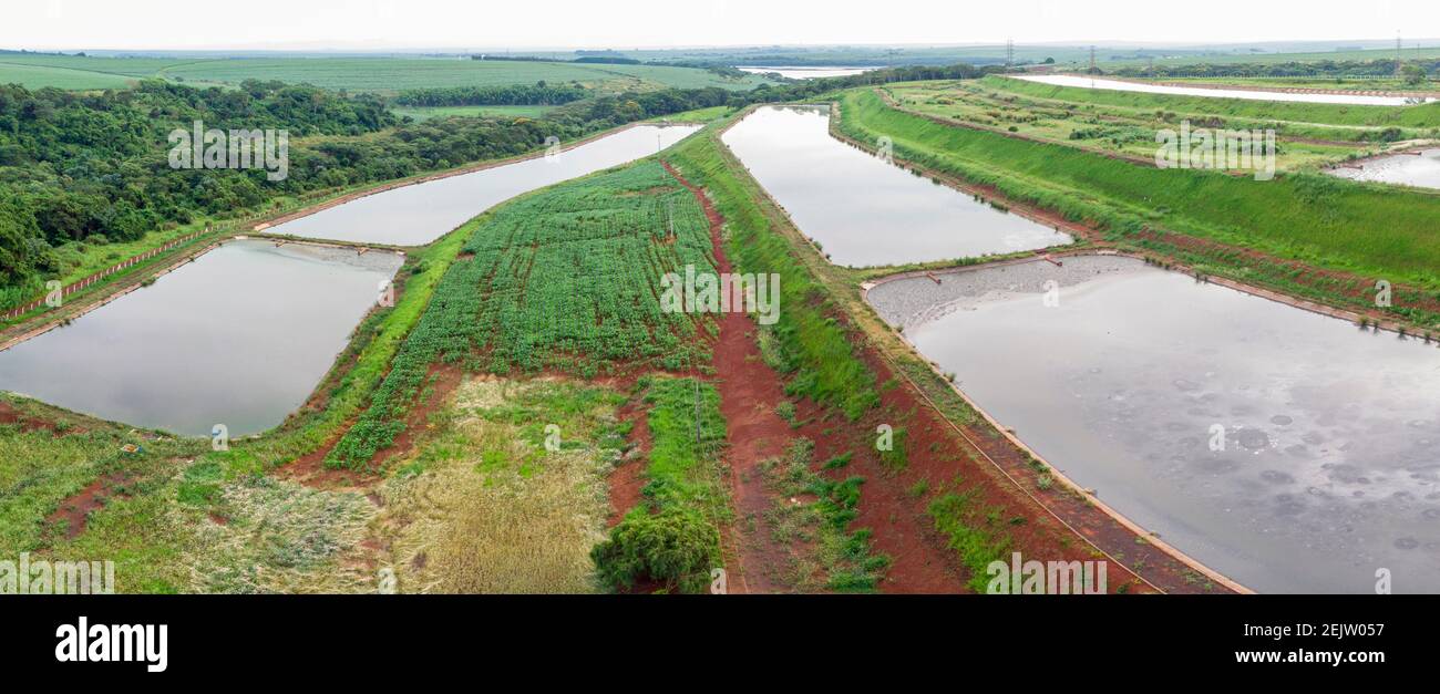 Aerial view to sewage treatment plant. Grey water recycling. Waste