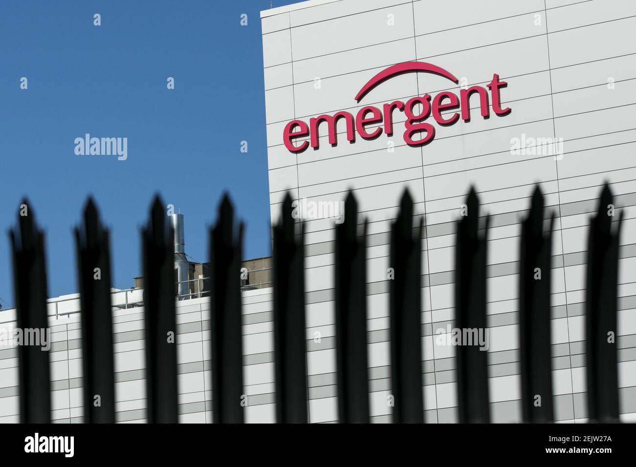 A logo sign outside of a facility occupied by Emergent BioSolutions in ...