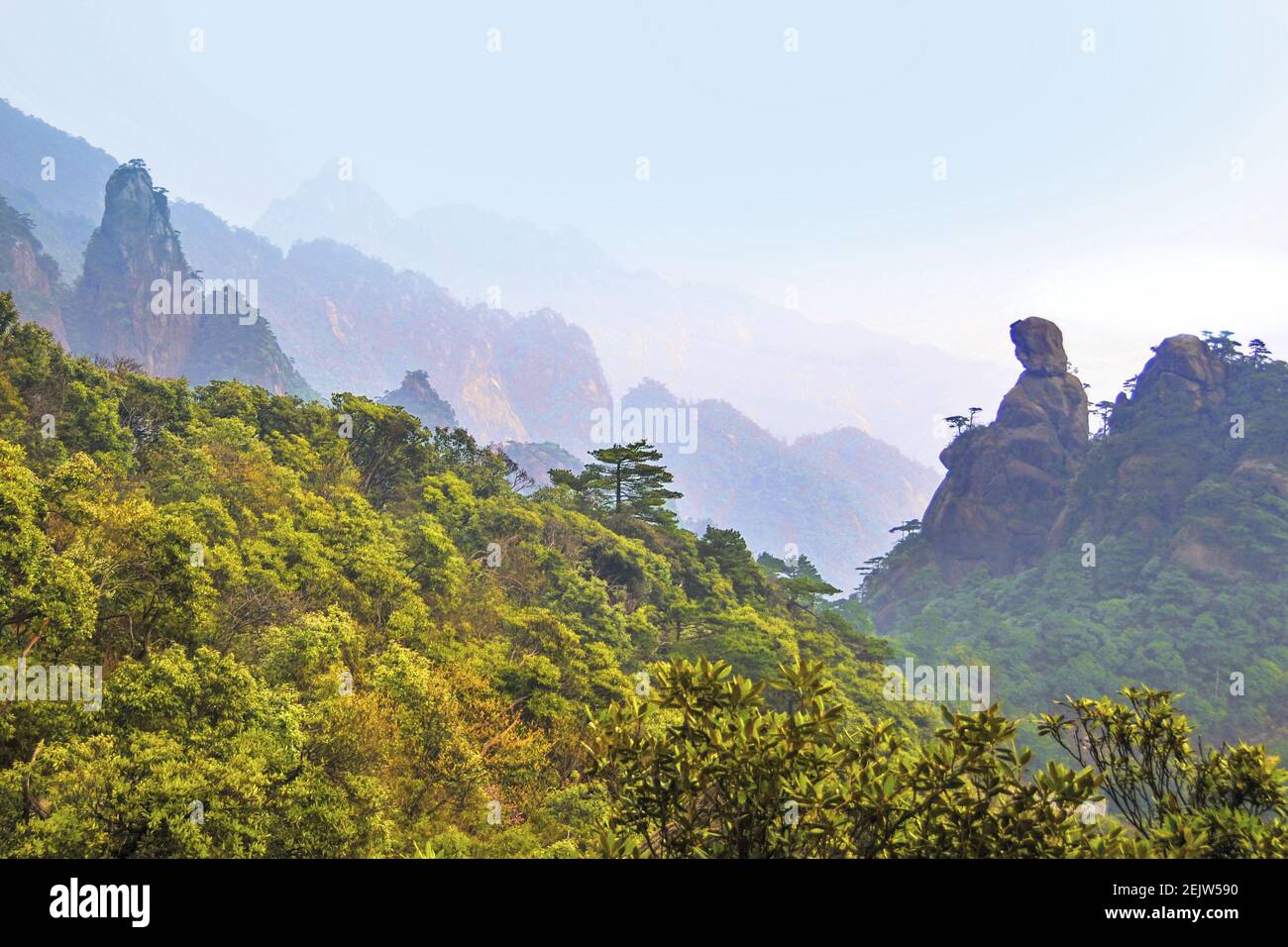 Jiangxi ,CHINA-Sanqing mountain is located at the junction of yushan county  and dexing city, shangrao city, Jiangxi province, China.Because yu jing, yu  xu, yu hua three peaks are very similar to the