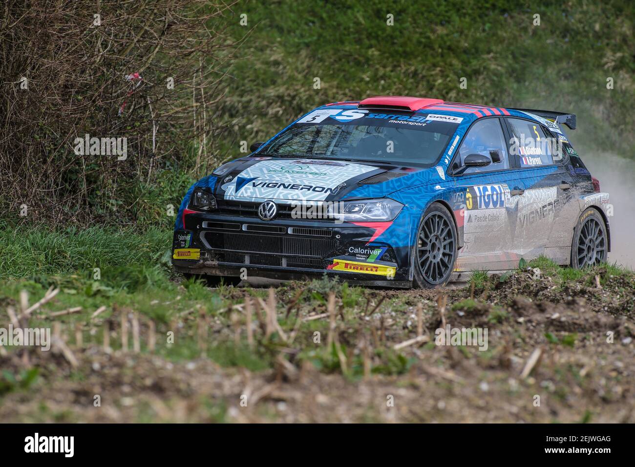 Quentin GIORDANO from France and his co-driver Kevin PARENT compete in  their Volkswagen Polo WRC car during the stage 4 of Le Touquet Rally, first  round of the French Rally Championship. (Photo