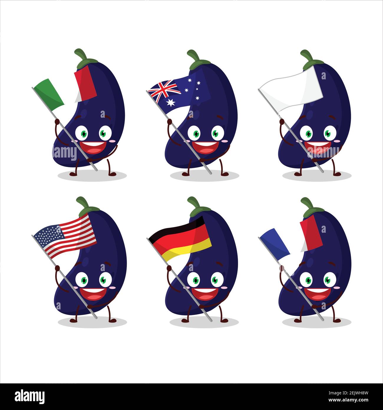 New eggplant cartoon character bring the flags of various countries