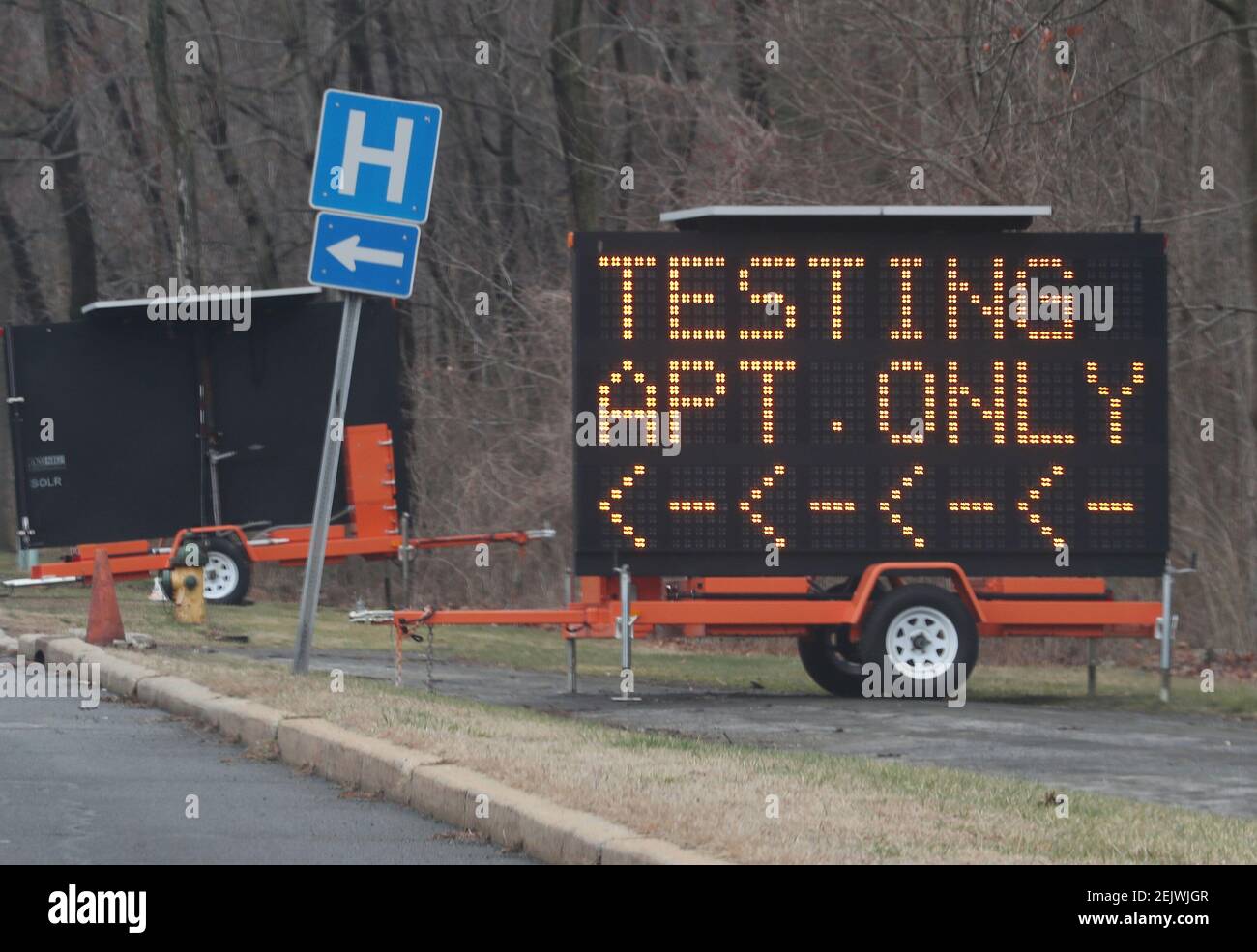 Mar 17, 2020; Valhalla, NY, USA; A sign set up to direct people to tents set up on the grounds of the Westchester Medical Center in Valhalla for Coronavirus testing by appointment only March 17, 2020. Mandatory Credit: Frank Becerra Jr./The Journal News via USA TODAY NETWORK/Sipa USA Stock Photo