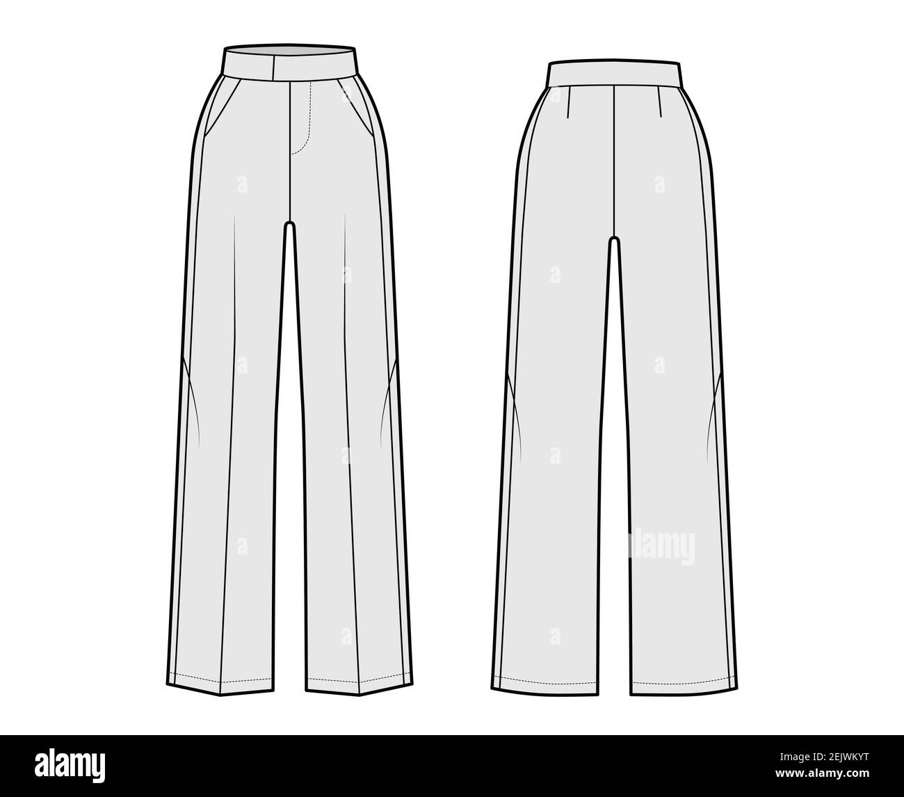 Pants tuxedo technical fashion illustration with extended normal waist, high rise, full length, slant pockets, side satin stripe. Flat trousers bottom template back, grey color. Women, men CAD mockup Stock Vector