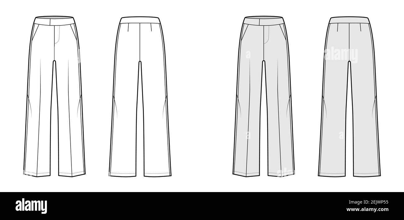 Pants tuxedo technical fashion illustration with extended low waist, rise, full length, slant pockets, side satin stripe. Flat trousers apparel template back, white, grey color. Women, men, CAD mockup Stock Vector