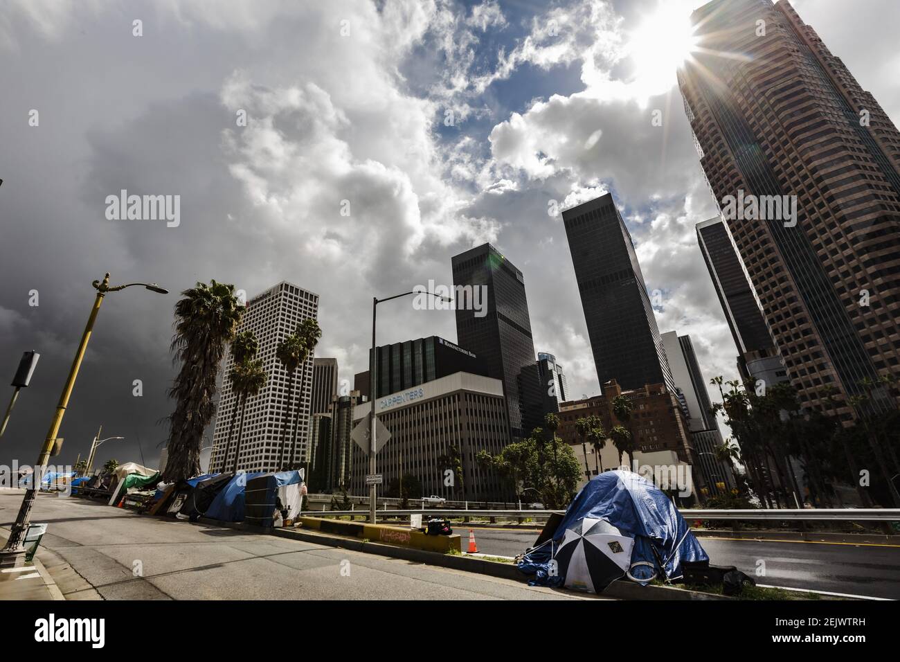 A homeless camp in the shadows of downtown L.A.Õs bank towers. The homeless are now the most vunerable to contracting and dealing with the Covid19 virus. 3/19/2020 Los Angeles, CA USA (Photo by Ted Soqui/SIPA USA)  Stock Photo