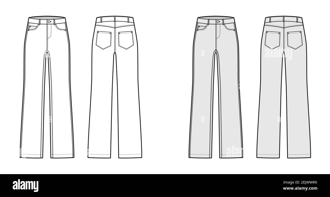 Straight Jeans Denim pants technical fashion illustration with full length,  low waist, rise, 5 pockets, belt