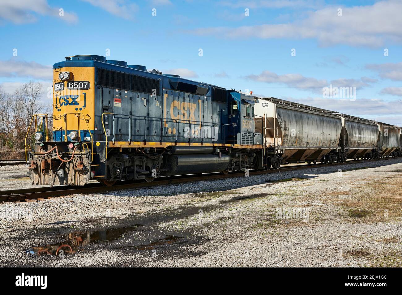 CSX Transportation locomotive, EMD SD40-2, #6507, in switching yard pushing freight cars, in Montgomery Alabama, USA. Stock Photo