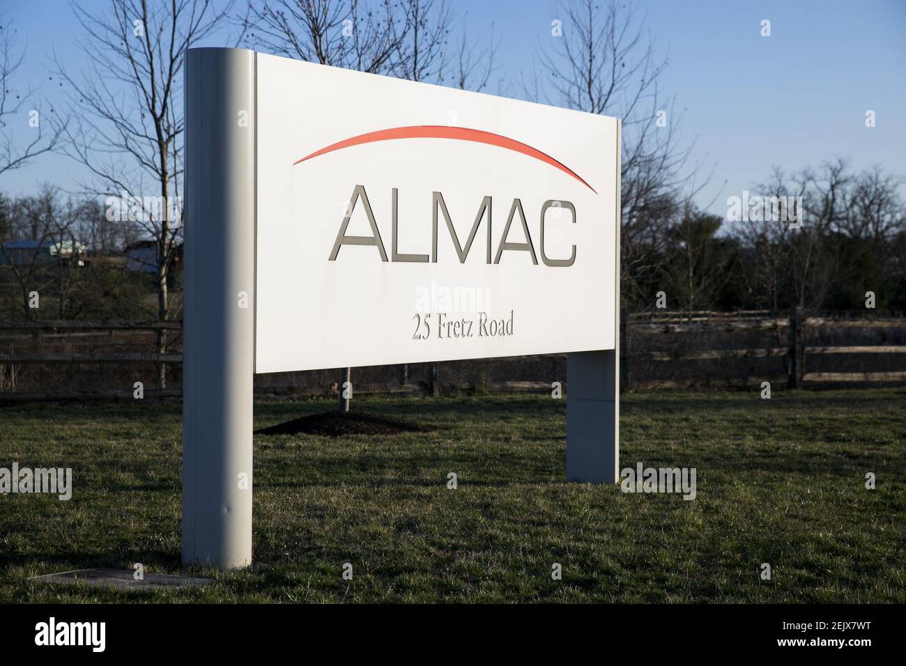 A logo sign outside of a facility occupied by Almac in Souderton