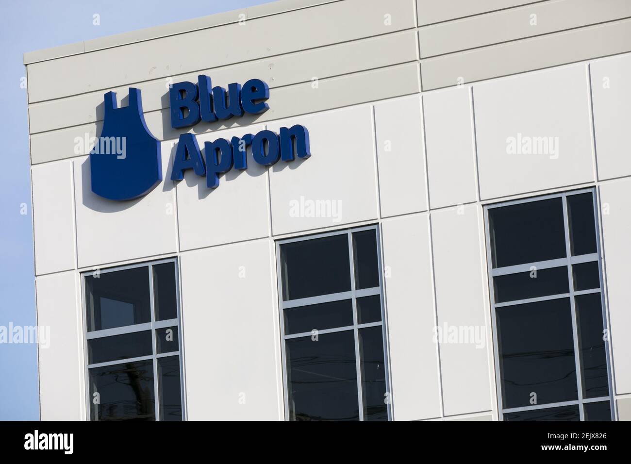 A logo sign outside of a facility occupied by Blue Apron in Linden, New Jersey, on March 23