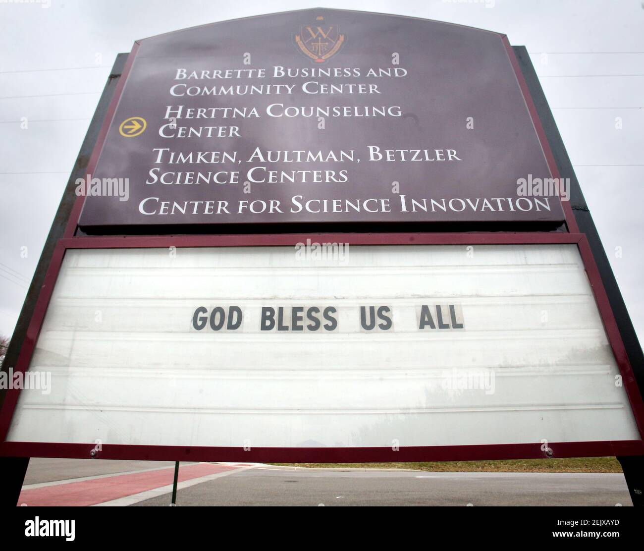 Mar 17, 2020; North Canton, OH, USA; 'God Bless Us All' is displayed on a sign at Walsh University in North Canton on Tuesday, March 17, 2020 as the community socially distances themselves to prevent the spread of the coronavirus. Mandatory Credit: Scott Heckel/The Canton Repository via USA TODAY NETWORK/Sipa USA Stock Photo