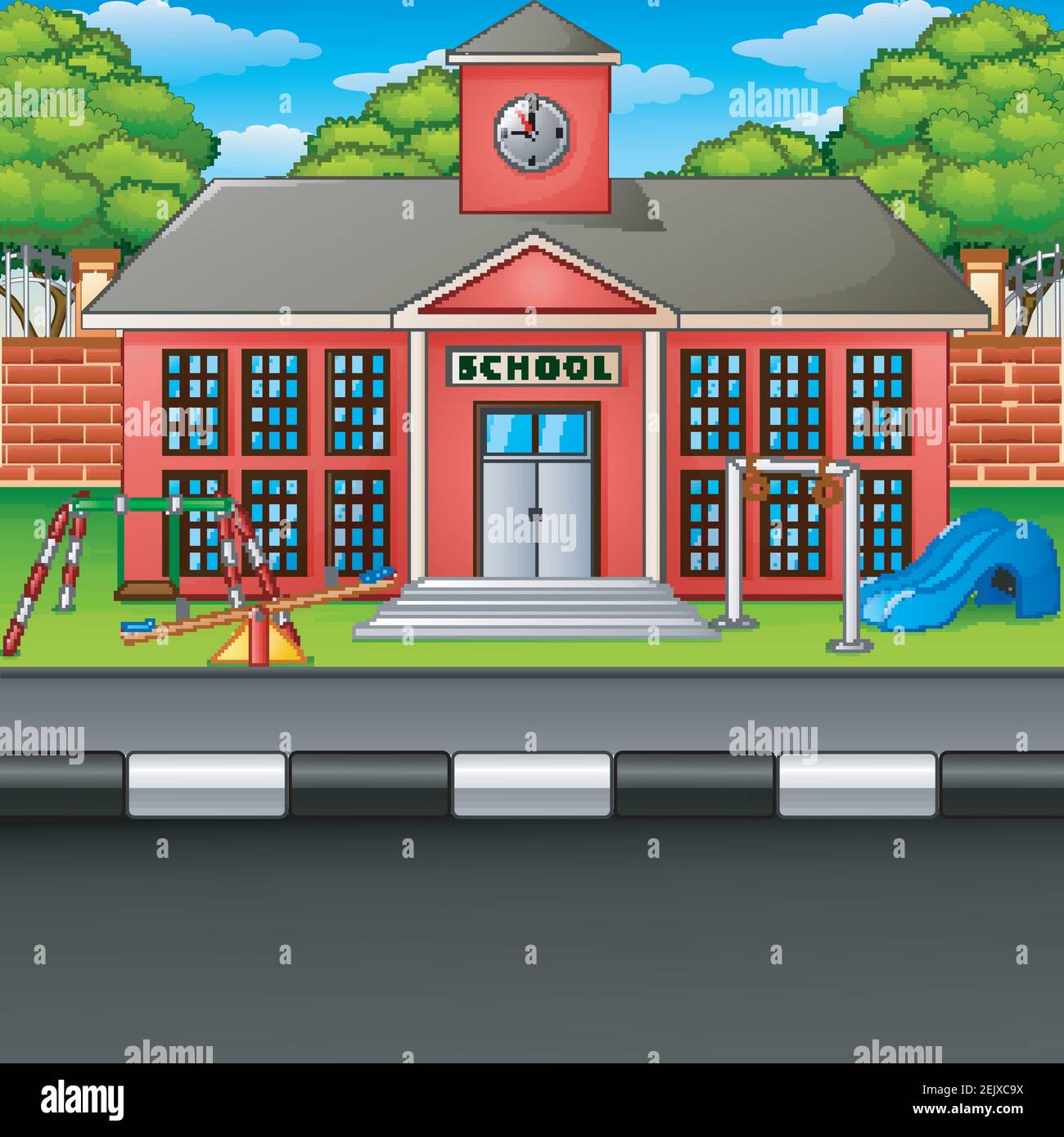 Vector Illustration Of Scene School Building And Playground Stock