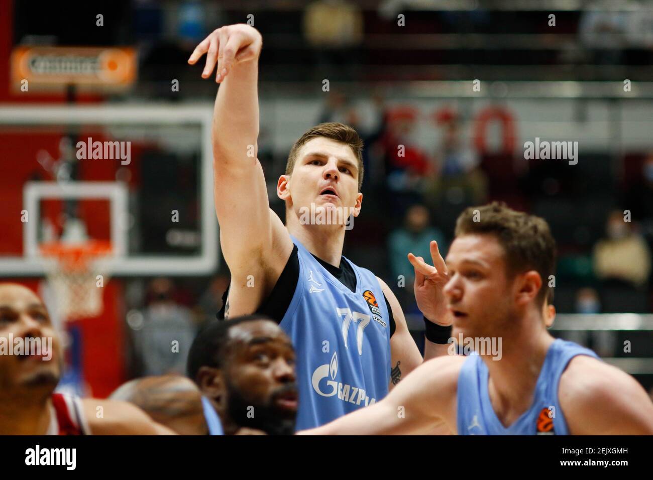 Arturas Gudaitis (77), of Zenit in action during the 2020/2021 Turkish  Airlines EuroLeague Regular Season Round 25, match between FC Olimpia Milano  and Zenit St. Petersburg at the Sibur Arena. (Final score;