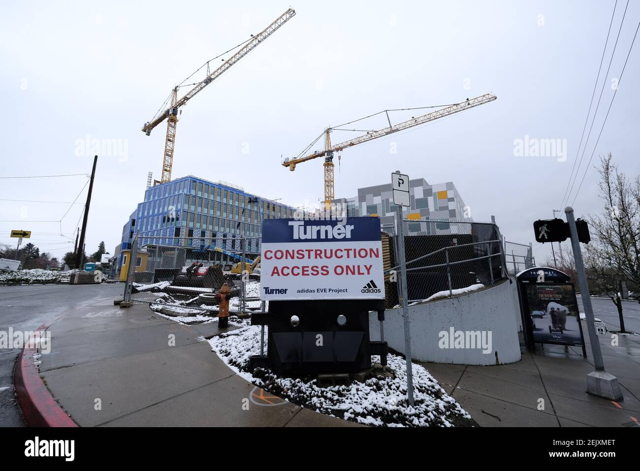 Construction work continues at the expansion of the Adidas North American  Headquarters in Portland, Ore., on March 14, 2020. The German shoe company  closed all stores in North America and Europe in