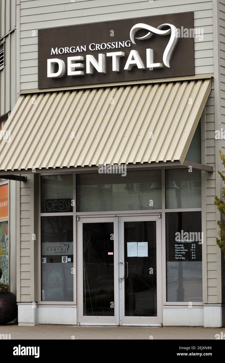 29 March 2020 - Surrey, B.C., Canada - Signs are seen in the window of ...