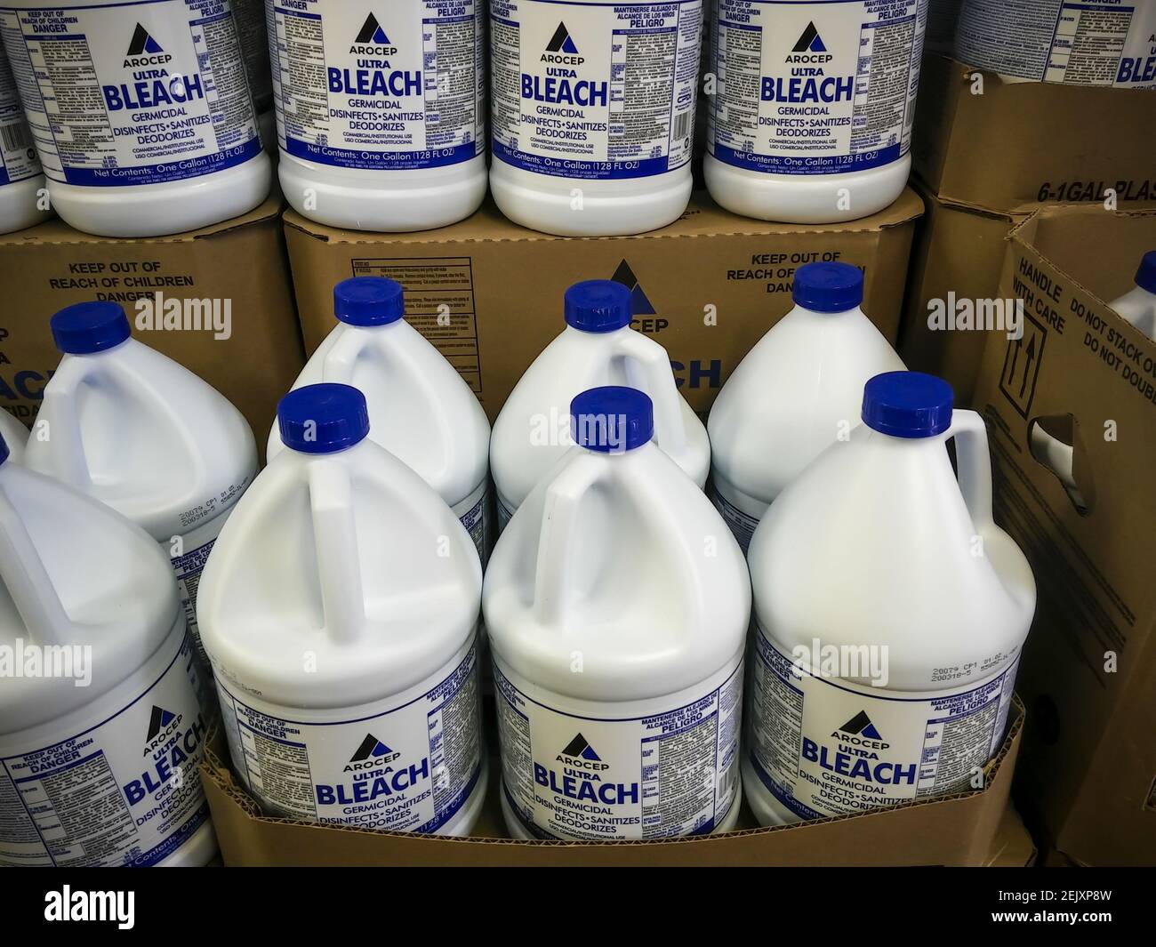 Gallon jugs of bleach in a store in New York on Monday, March 30, 2020