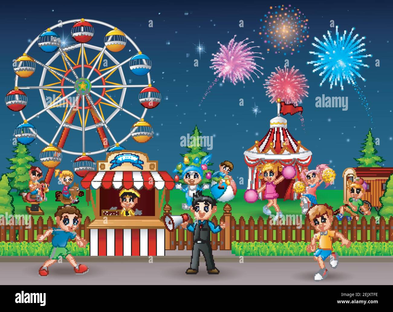 Vector illustration of Children having fun at amusement park Stock ...