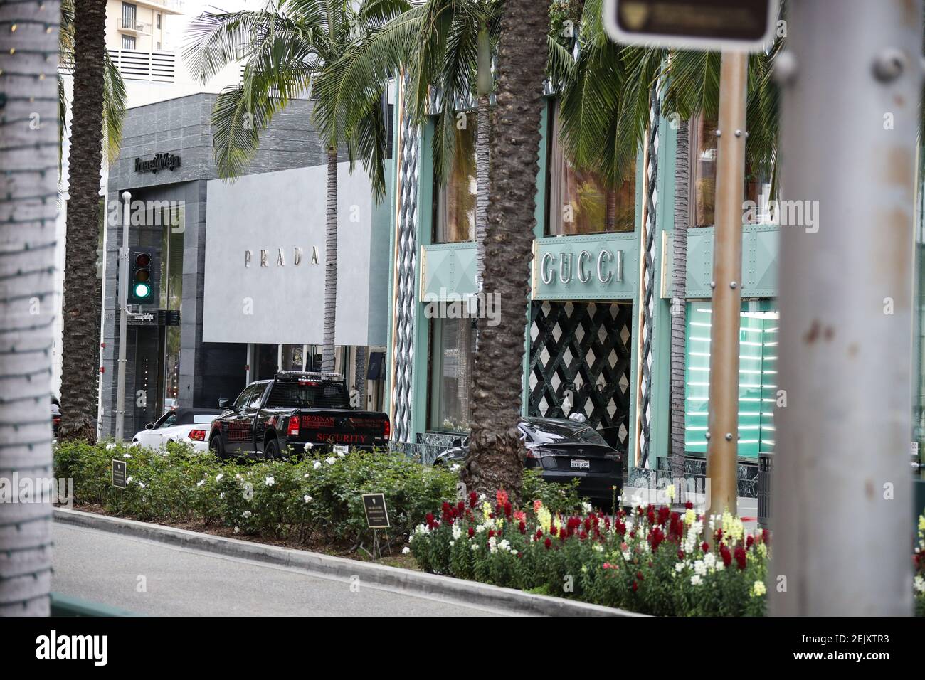 BEVERLY HILLS, LOS ANGELES, CALIFORNIA, USA - MARCH 31: A view of Prada  Beverly Hills Rodeo Drive store and GUCCI Beverly Hills Rodeo Drive store  on March 31, 2020 in Beverly Hills,