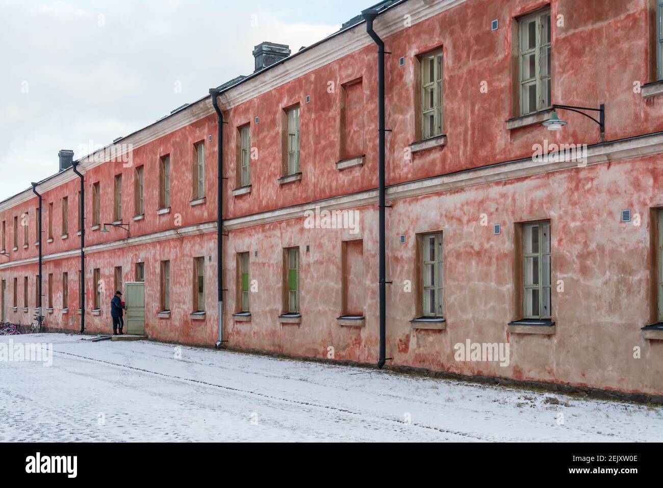 Pink apartment houses on Suomenlinna fortress island in Helsinki