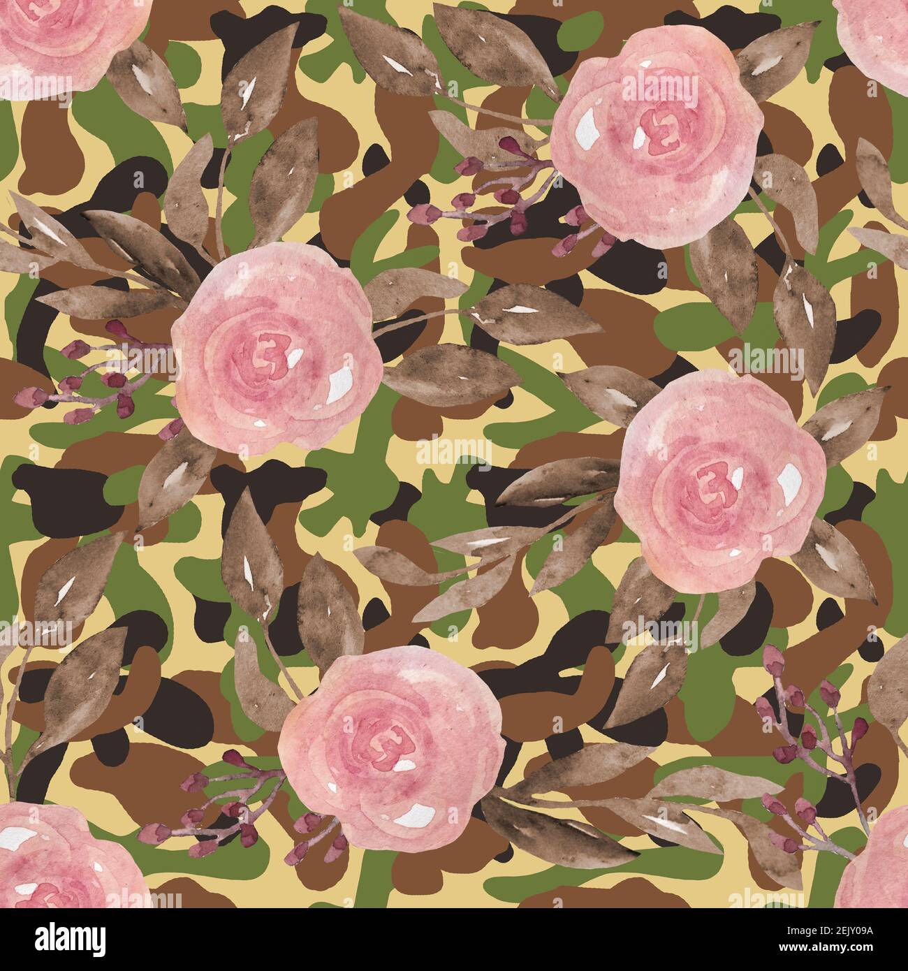 Floral camo camouflage seamless pattern with pink roses flowers. Military army design, textile for masking hiding hunting. Print for war soldiers in jungle desert forest outdoors, trendy style texture Stock Photo