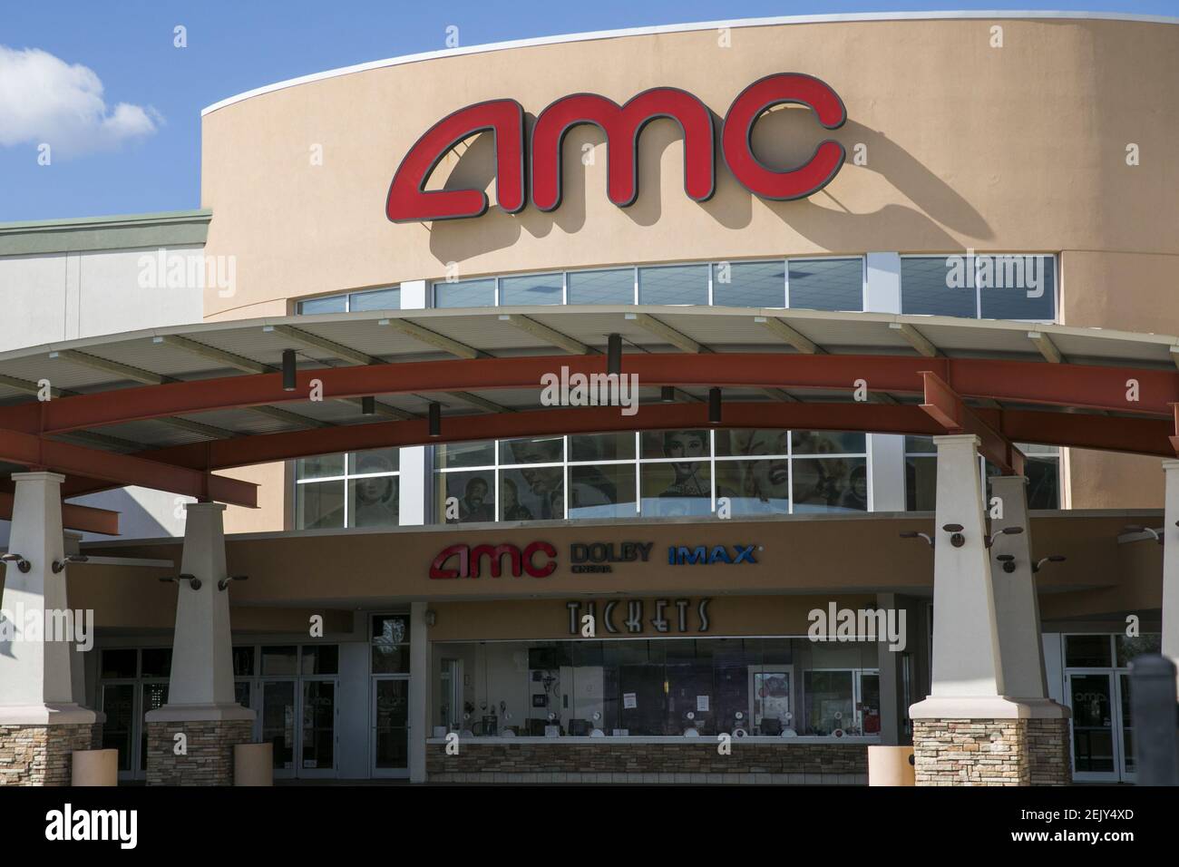 A logo sign outside of a AMC Theatres location in Woodbridge, Virginia