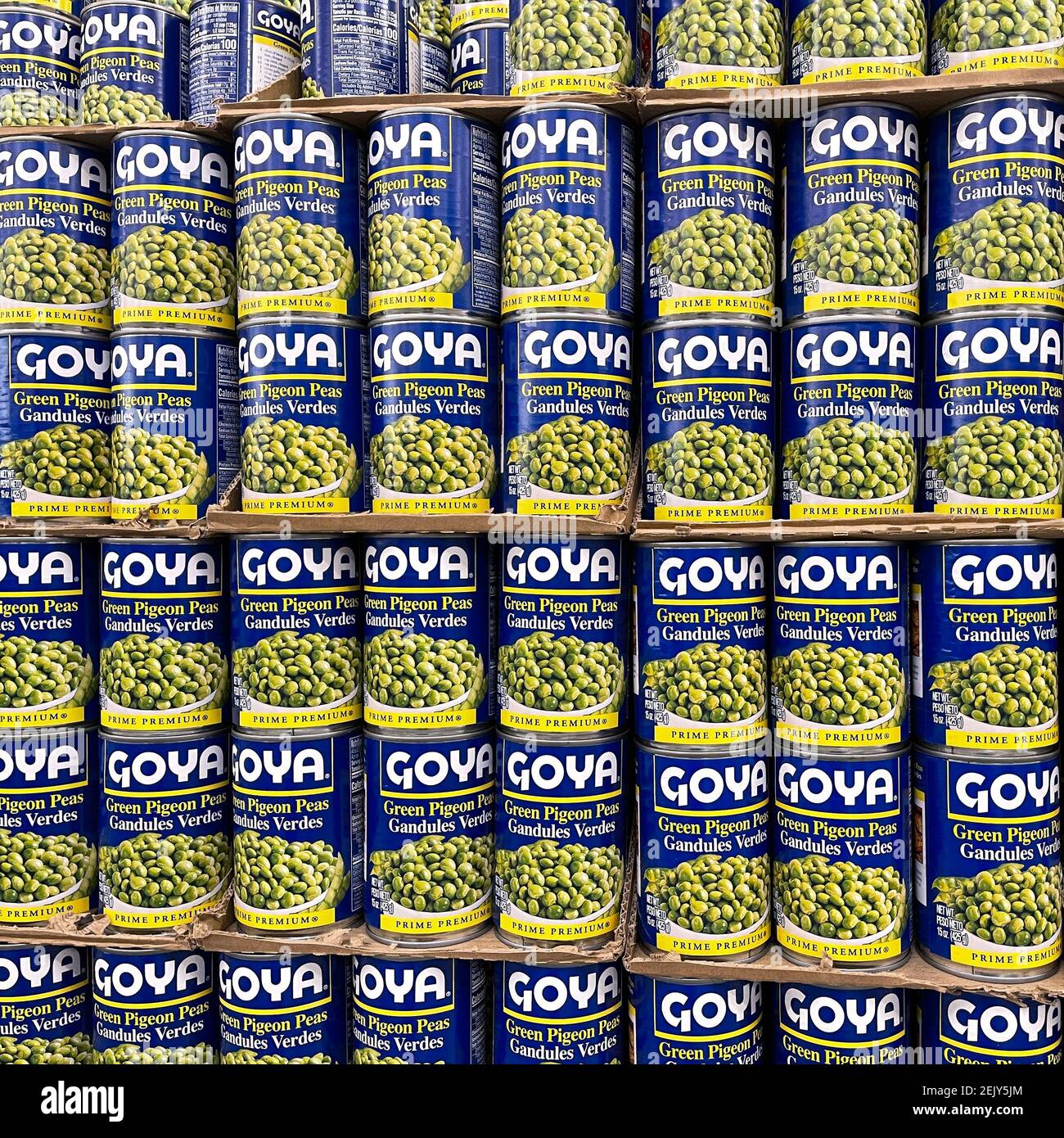Orlando, FL USA - February 14, 2021:  The Goya canned Green Pigeon Peas display at a Walmart Grocery Store in Orlando, Florida. Stock Photo