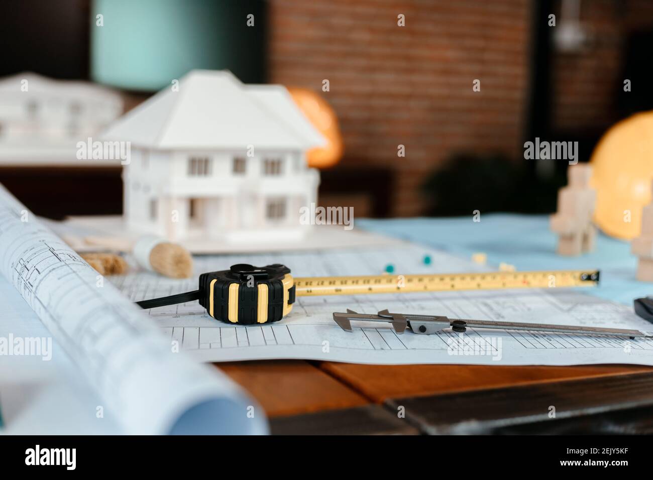 Measure Tape Calculate Safety Helmet Book On House Blue Print Engineering Plaining Drafting Tool And Equipment Concept Stock Photo Alamy