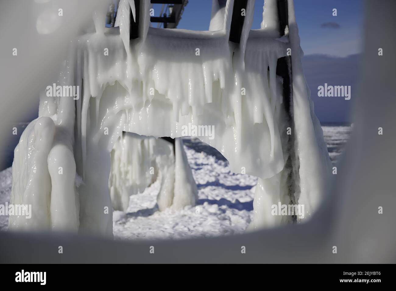 Ice Formation in Grand Haven, Michigan. February 2021, the ice covered Grand Haven's inner light, landscape Stock Photo