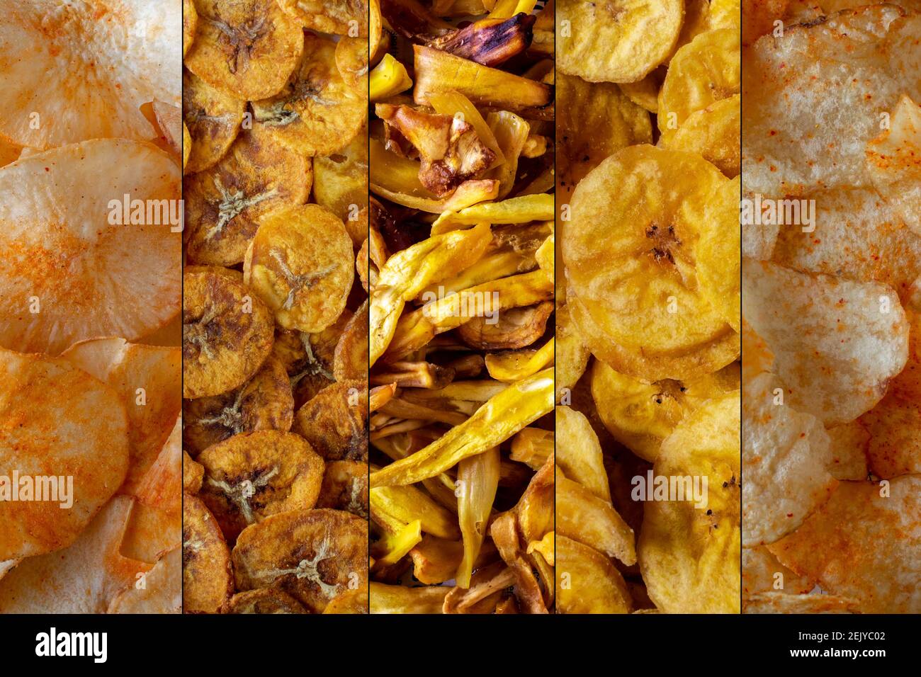Variety chips of potato, banana, jackfruit and cassava. Kinds of common chips both sweet and tangy Stock Photo