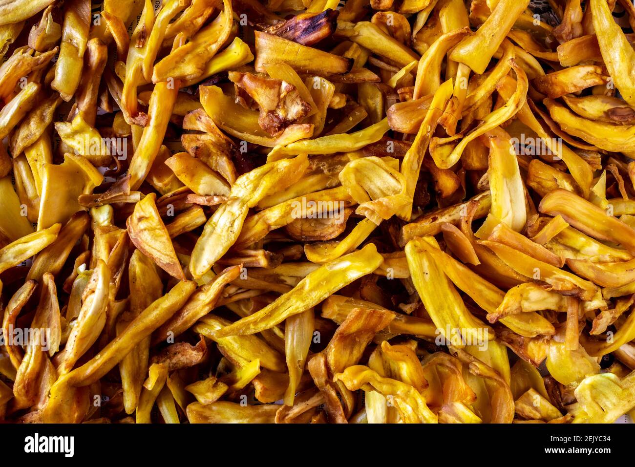 Top view of delicious jackfruit chips. Use for food background Stock