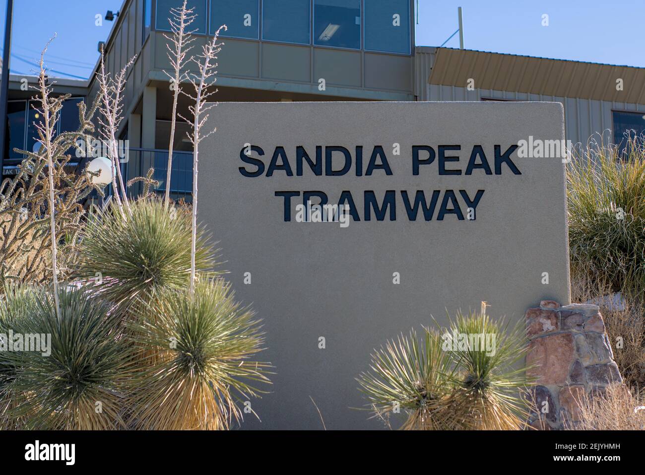 Albuquerque, New Mexico USA-February 20sth 2021: Sandia Peak Tramway entrance sign front of building welcoming passengers to lift top of mountain. Stock Photo