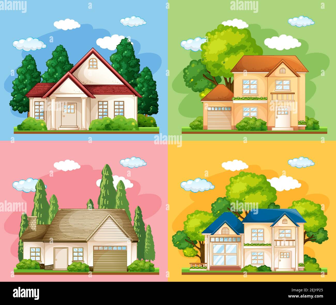 set-of-different-types-of-houses-on-colour-background-illustration