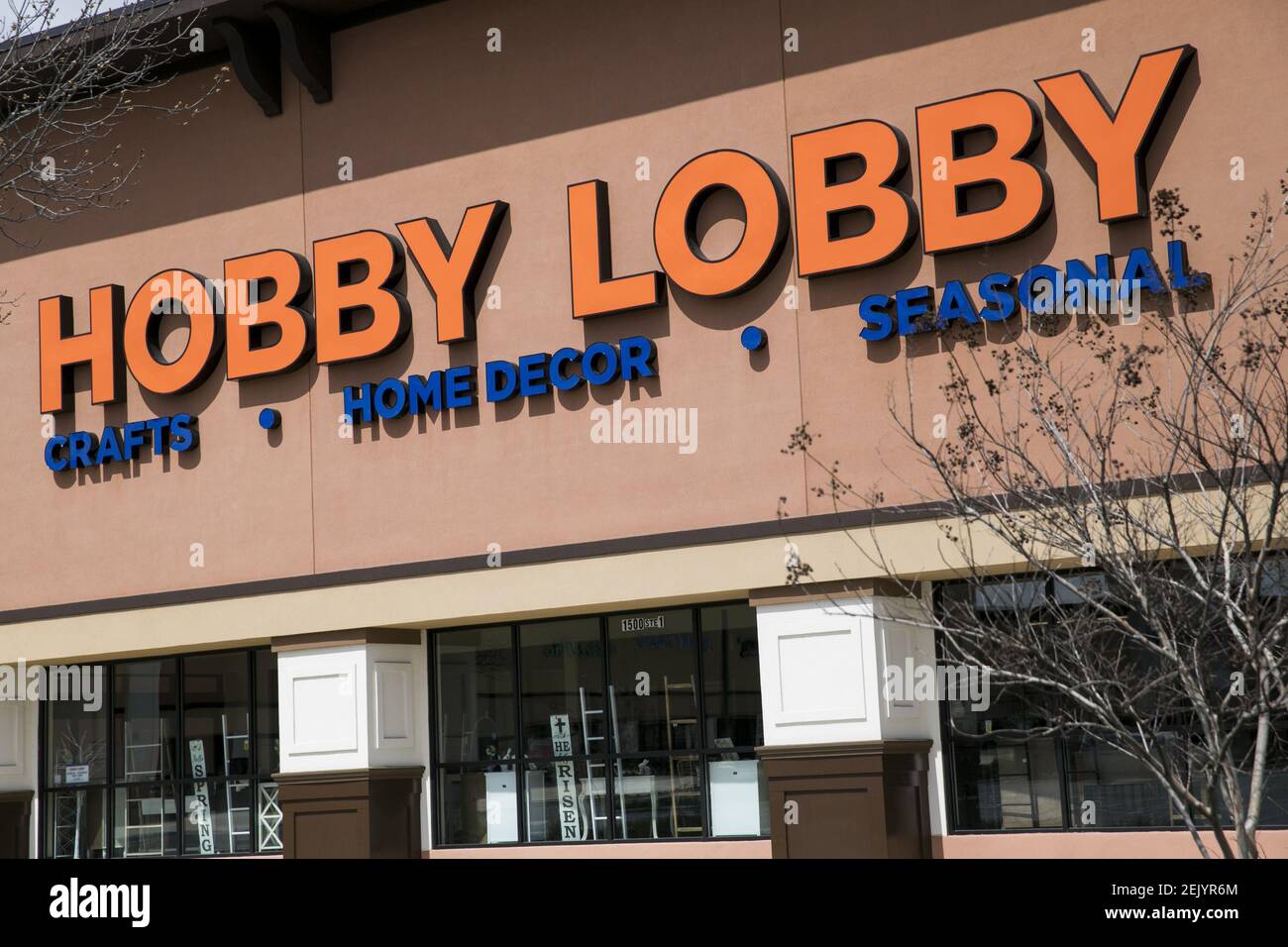 A logo sign outside of a Hobby Lobby retail store location in Deptford
