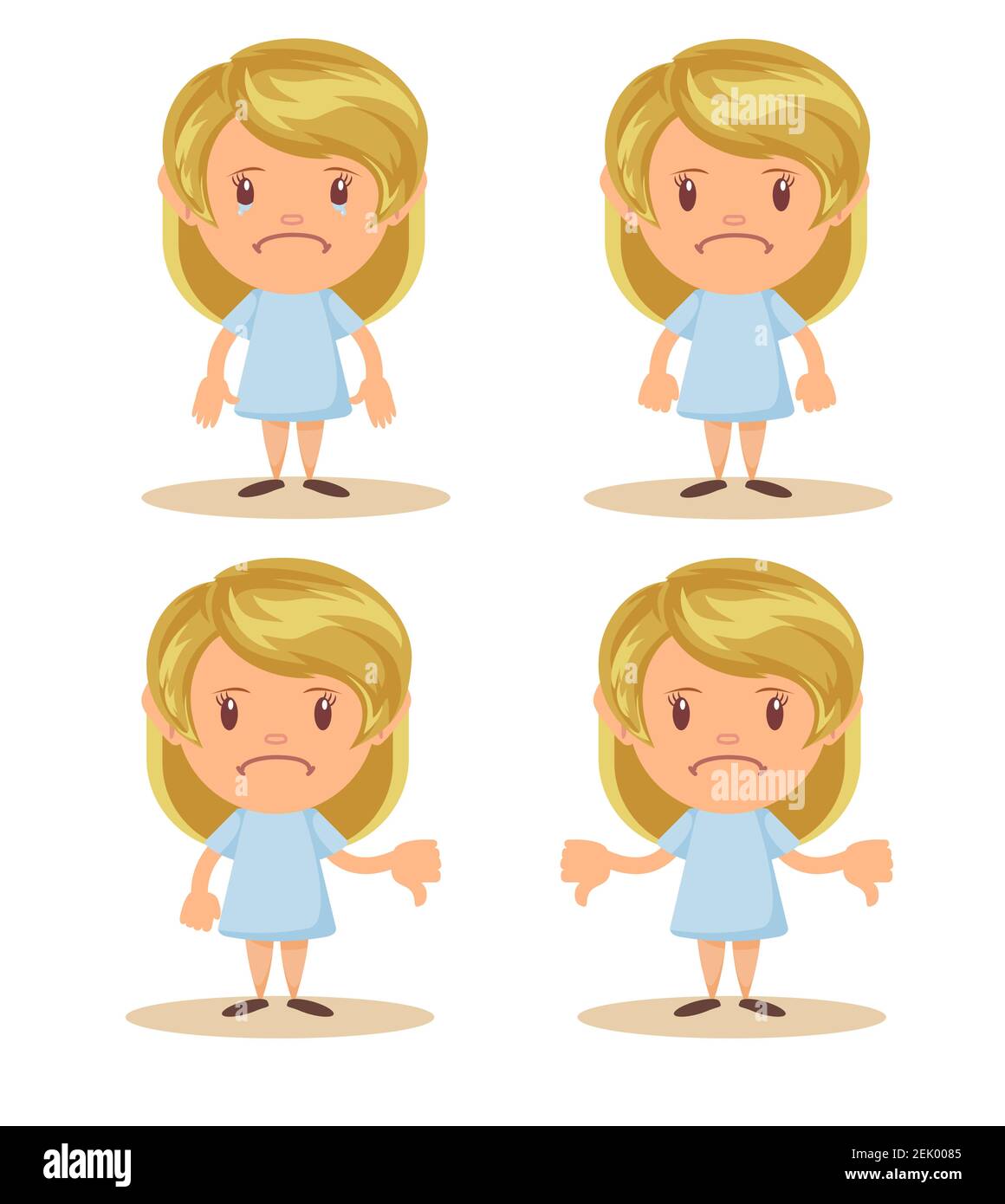 Little girl show disagreement with thumb down gesture. Small discontented school girl. Child shows gesture disapproval, dislike, discontent. Stock Vector