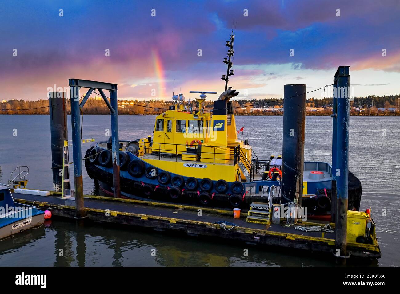 Tugboat, rainbow, Fraser River, New Westminster Quay Tugboat, rainbow, Fraser River, New Westminster Quay