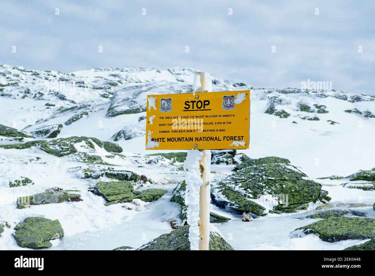 Worst weather in the world warning sign. White Mountains National