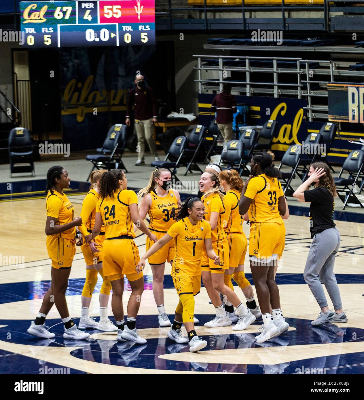 Berkeley, CA U.S. 21st Feb, 2021. A. California celebrate there win over ASU during the NCAA Women's Basketball game between Arizona State Sun Devils and the California Golden Bears 67-55 win at Hass Pavilion Berkeley Calif. Thurman James/CSM/Alamy Live News Stock Photo