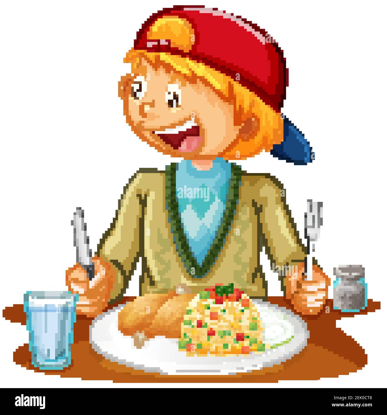 A boy having meal at the table on white background illustration Stock ...