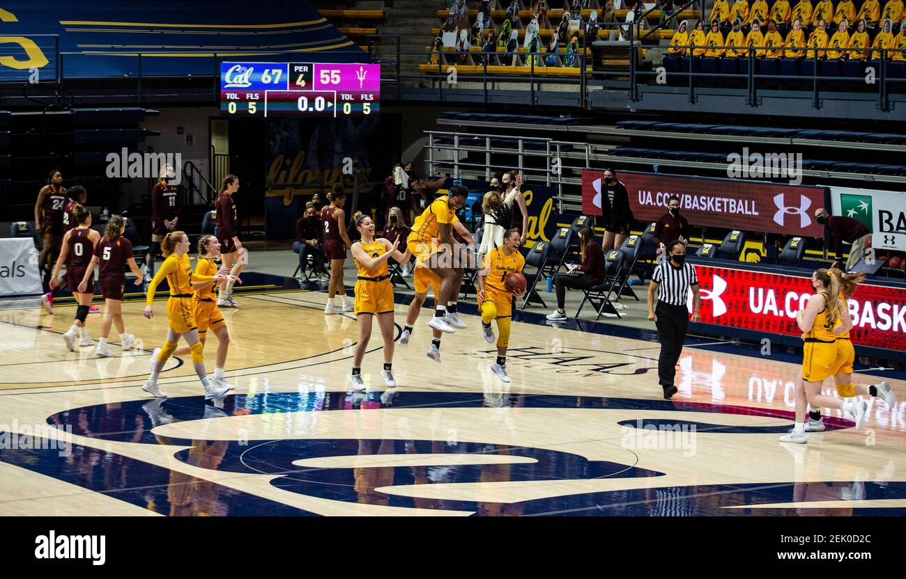 Berkeley, CA U.S. 21st Feb, 2021. A. California celebrate there win over ASU during the NCAA Women's Basketball game between Arizona State Sun Devils and the California Golden Bears 67-55 win at Hass Pavilion Berkeley Calif. Thurman James/CSM/Alamy Live News Stock Photo