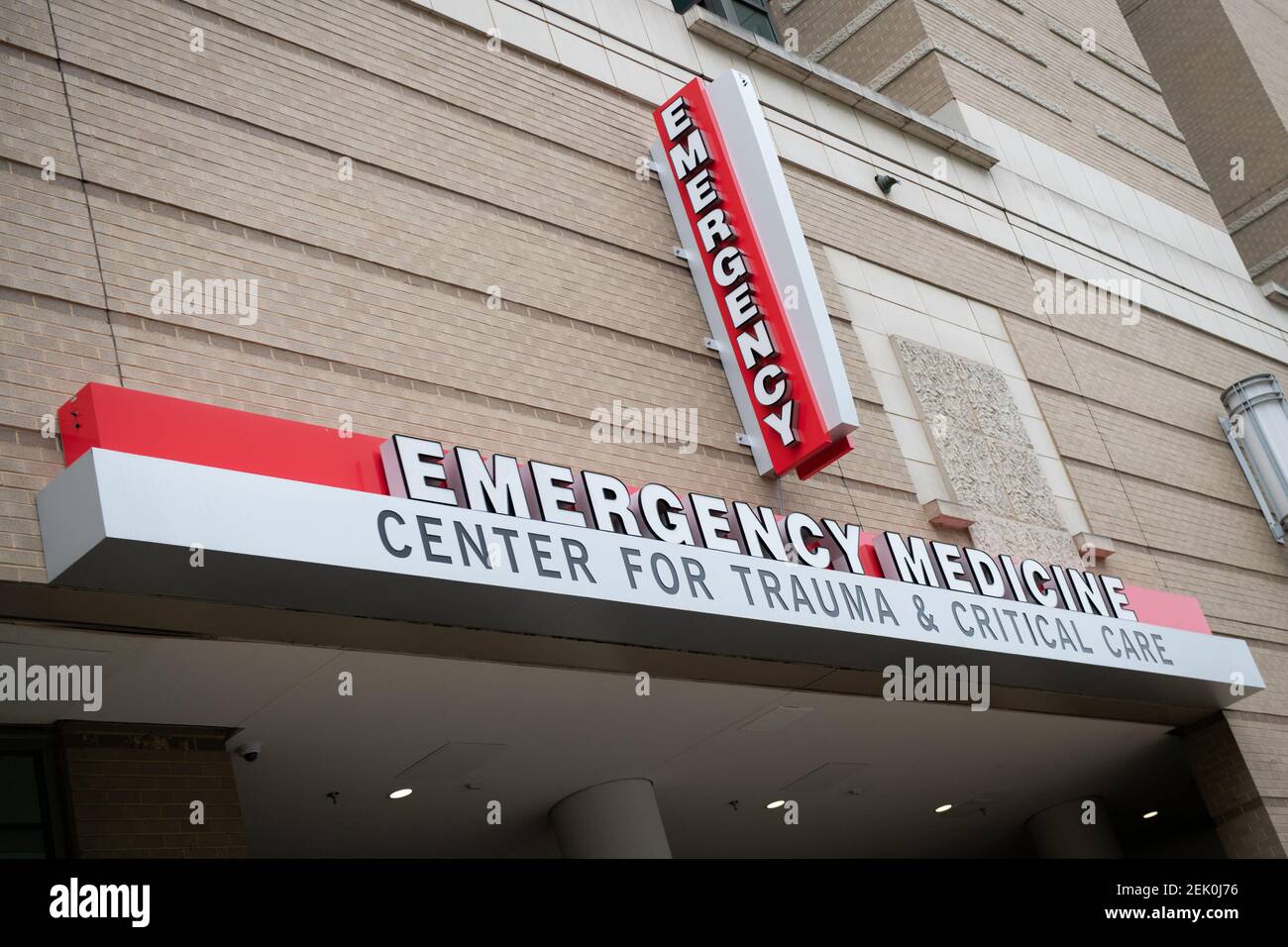 A general view of the Emergency Medicine sign at George Washington  University Hospital, which is operated jointly with Universal Health  Services (UHS), in Washington, D.C. on April 23, 2020 amid the Coronavirus